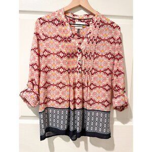 Anthropologie HD In Paris Kaveri Boho Print Roll Tab Tunic Blouse 6 Coral Aztec
